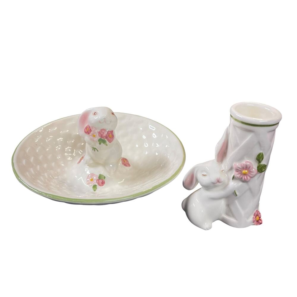 Avon Bunny Rabbit Trinket Dish & Bud Vase Set Easter Decor